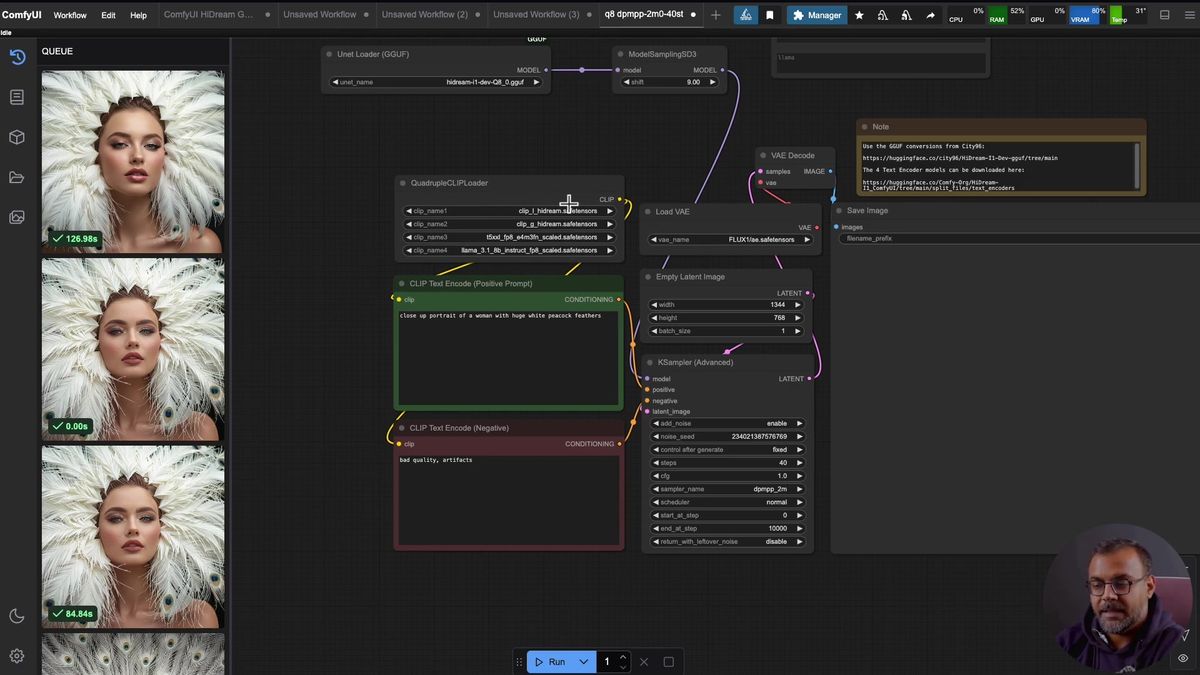 The four HiDream text encoder safetensors files loaded in the ComfyUI quadruple CLIP loader, including CLIP-L, CLIP-G, T
