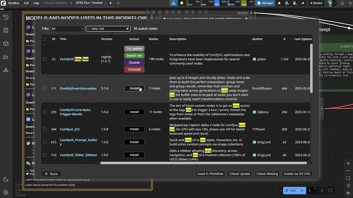 The Flux Kontext setup in ComfyUI: the Manager, Load Diffusion Model, Dual CLIP, and VAE nodes