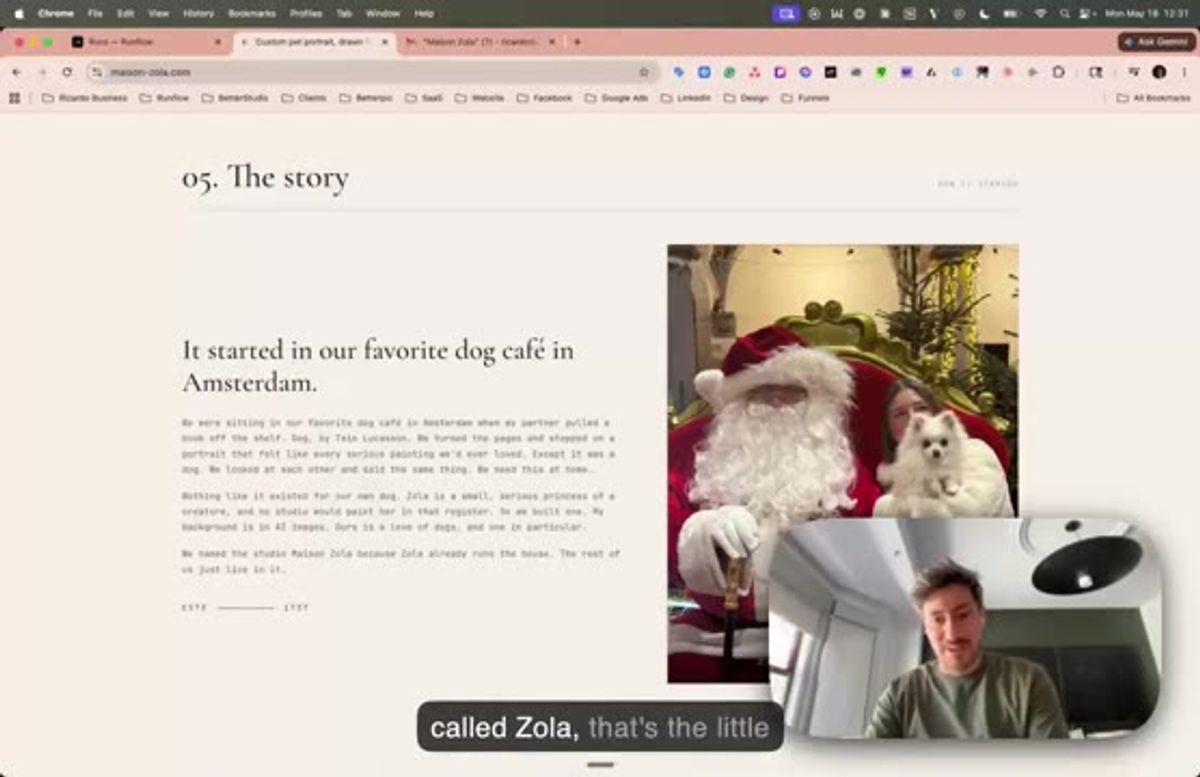 the Maison Zola AI pet portrait generator story page, with a photo of the dog Zola at an Amsterdam Christmas market