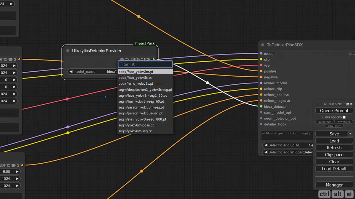ComfyUI UltralyticsDetectorProvider node feeding a YOLOv8 bbox face model and a segmentation model into the FaceDetailer