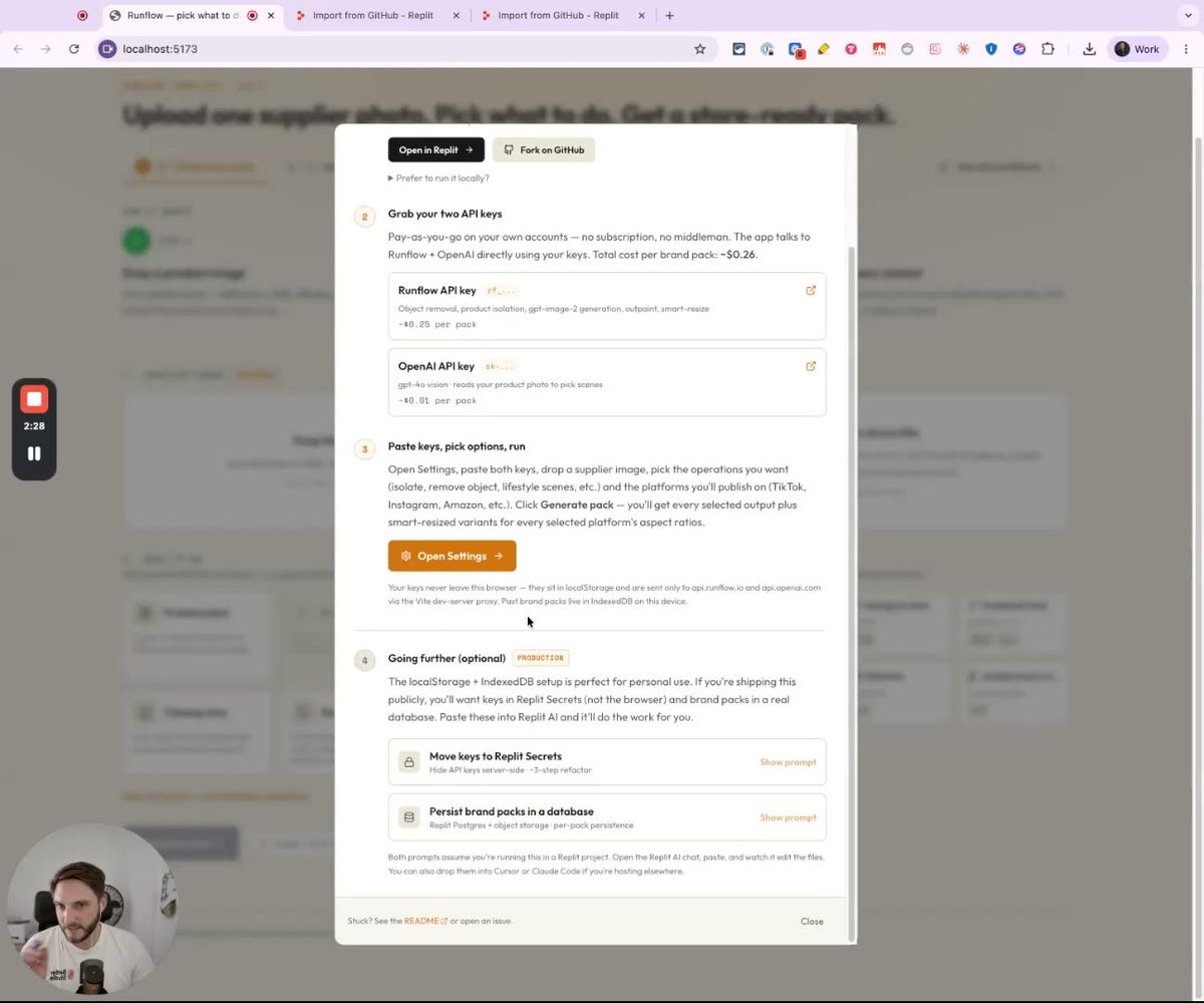 the onboarding modal showing the two api keys runflow and openai with their per-pack costs