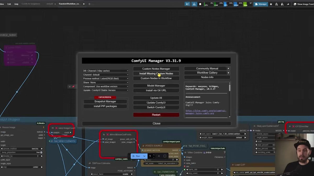 The ComfyUI Manager panel open with the Install Missing Custom Nodes button highlighted in the top menu bar