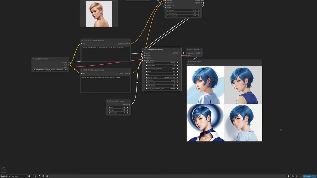 ControlNet strength and timestepping settings fine-tuning pose and style in a ComfyUI workflow