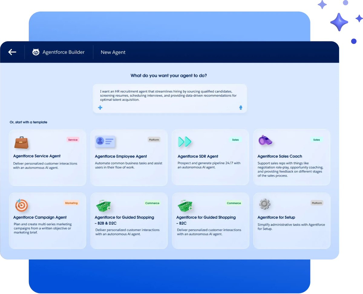 Agentforce Builder new-agent screen with an HR recruitment brief and templates for service, sales and commerce.