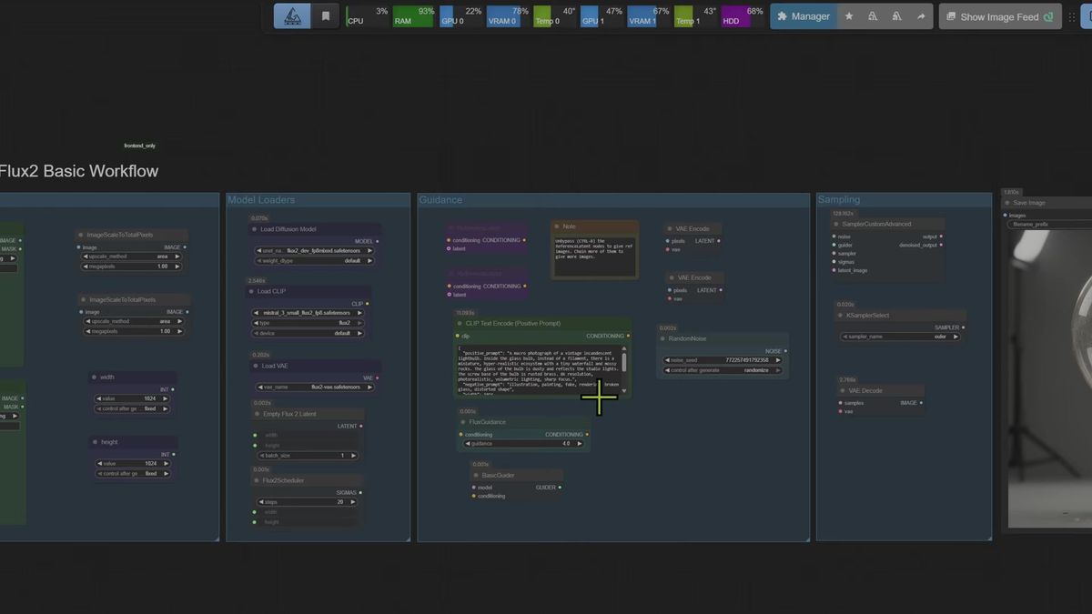 The Flux 2 basic workflow in ComfyUI grouped into Model Loaders, Guidance, and Sampling, with the Flux2Scheduler at 20 s