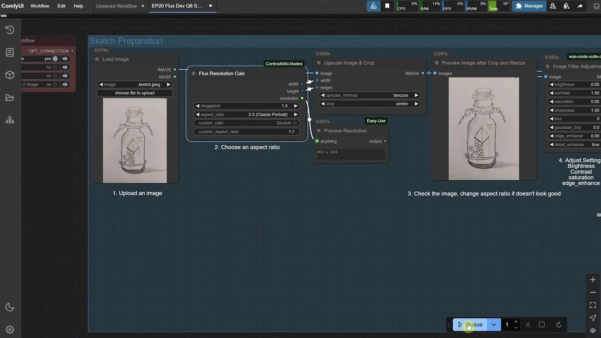 ComfyUI sketch preparation sub-workflow cropping a photographed bottle sketch to a clean aspect ratio