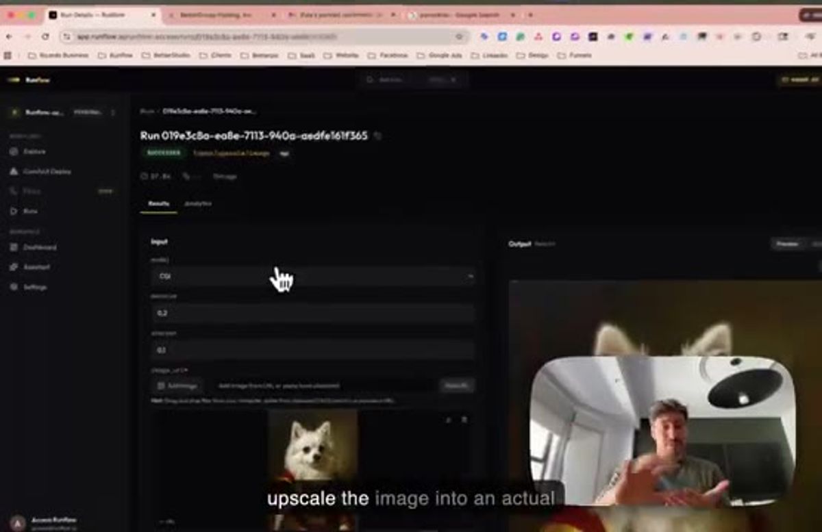 a Runflow upscaling run turning the AI pet portrait into a detailed 4K master before print