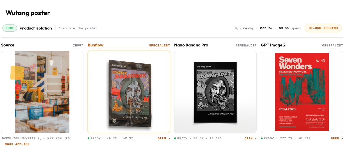 Side-by-side comparison: Source record-store photo with the MF DOOM poster masked, Runflow's clean full-color isolation, Nano Banana Pro's grayscale version of the same poster, and GPT Image 2's completely different "Seven Wonders" jazz event poster