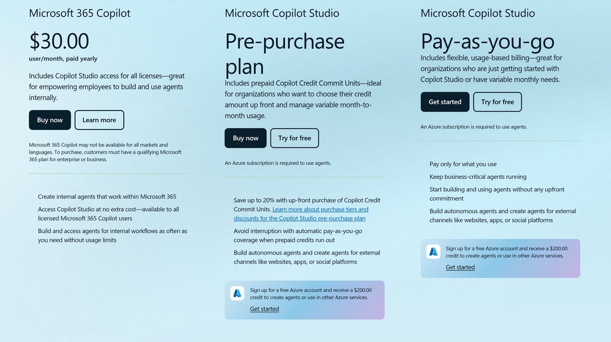Microsoft pricing with Microsoft 365 Copilot at $30 yearly-paid per user and standalone Copilot Studio without a rate.