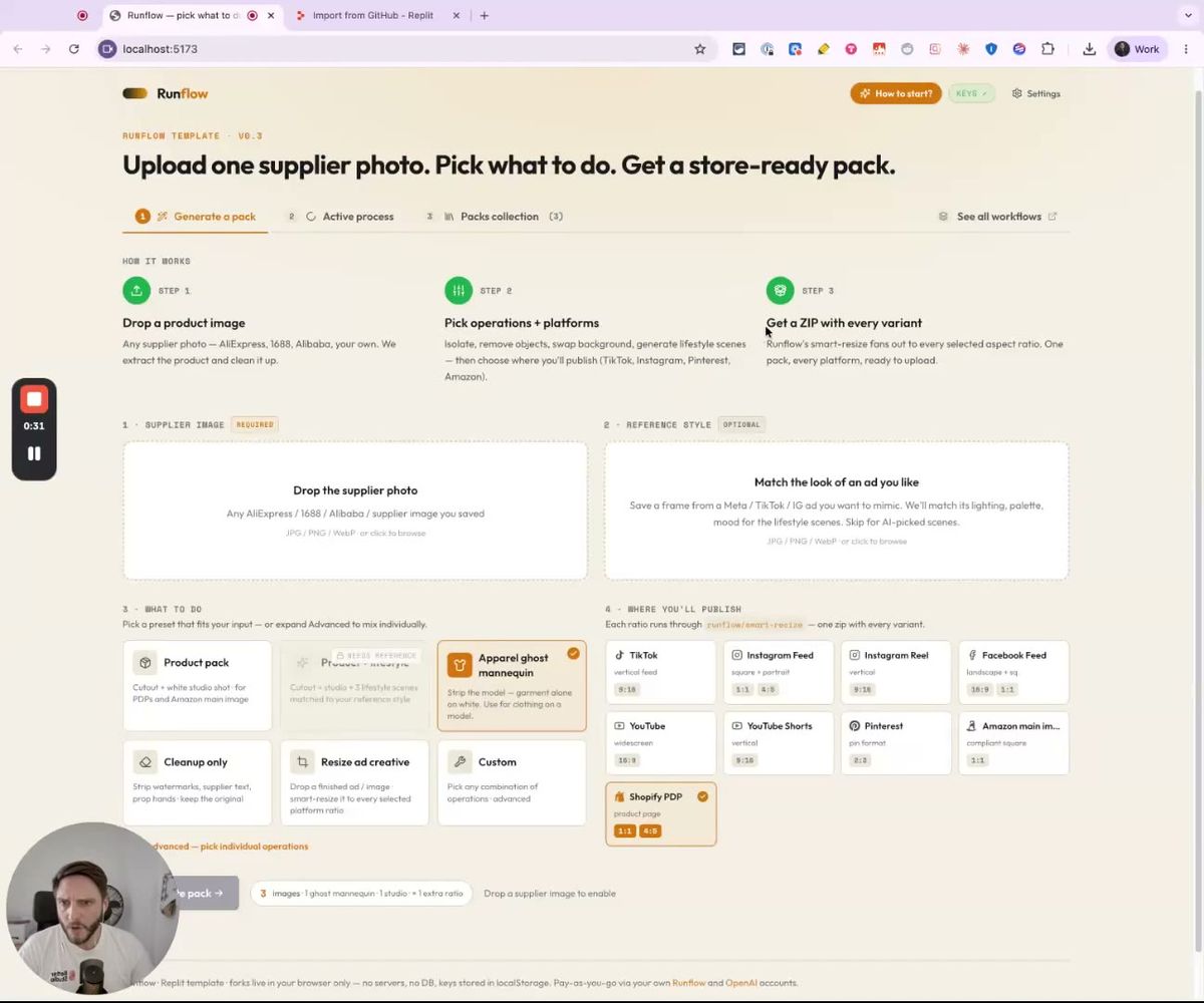 the runflow ai product image generator for ecommerce homepage showing operation and platform pickers