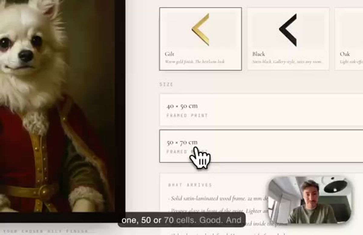 choosing a gilt frame and a 50 by 70 cm size for an AI pet portrait print