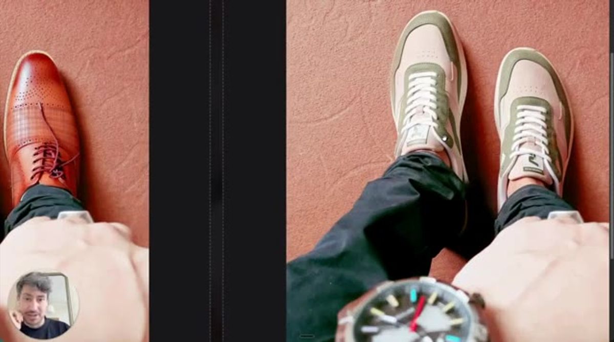 before and after compare slider showing the brown reference shoe on the left and the rendered green sneaker on the right