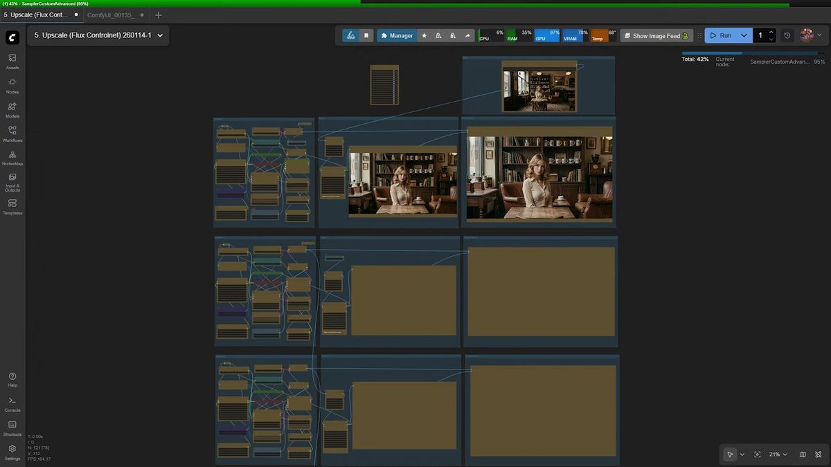 ComfyUI tile-chain zoom: multiple copies of the Flux upscale workflow stacked vertically, each output feeding the next s