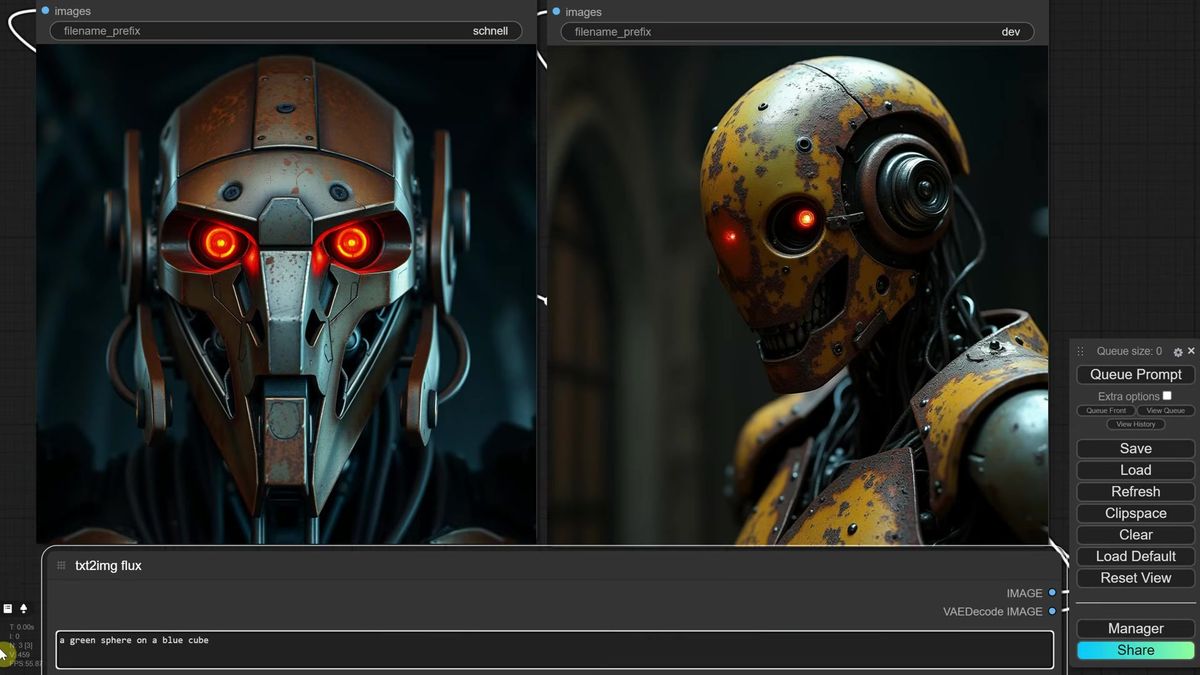 Flux Schnell and Flux Dev image generations compared side by side in ComfyUI