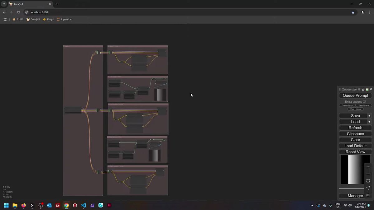 ComfyUI regional prompting workflow with a base prompt group on top and separate left-subject and right-subject mask-and