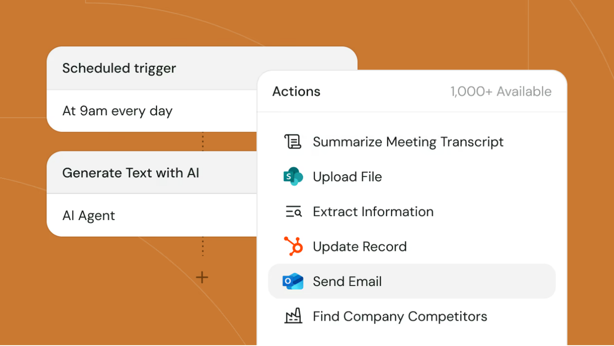 Cassidy workflow builder with a scheduled 9am trigger, AI agent step and action picker for email and transcript tasks.