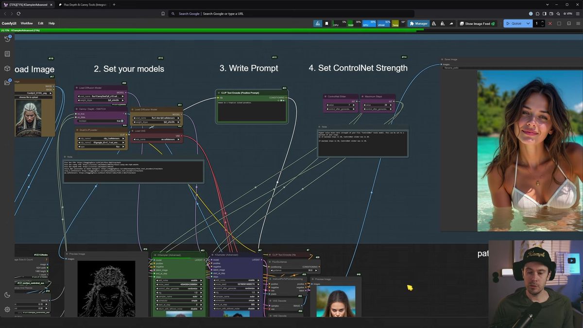 Full-strength Flux canny ControlNet in ComfyUI replicating a Viking woman input image closely, keeping the pose and comp