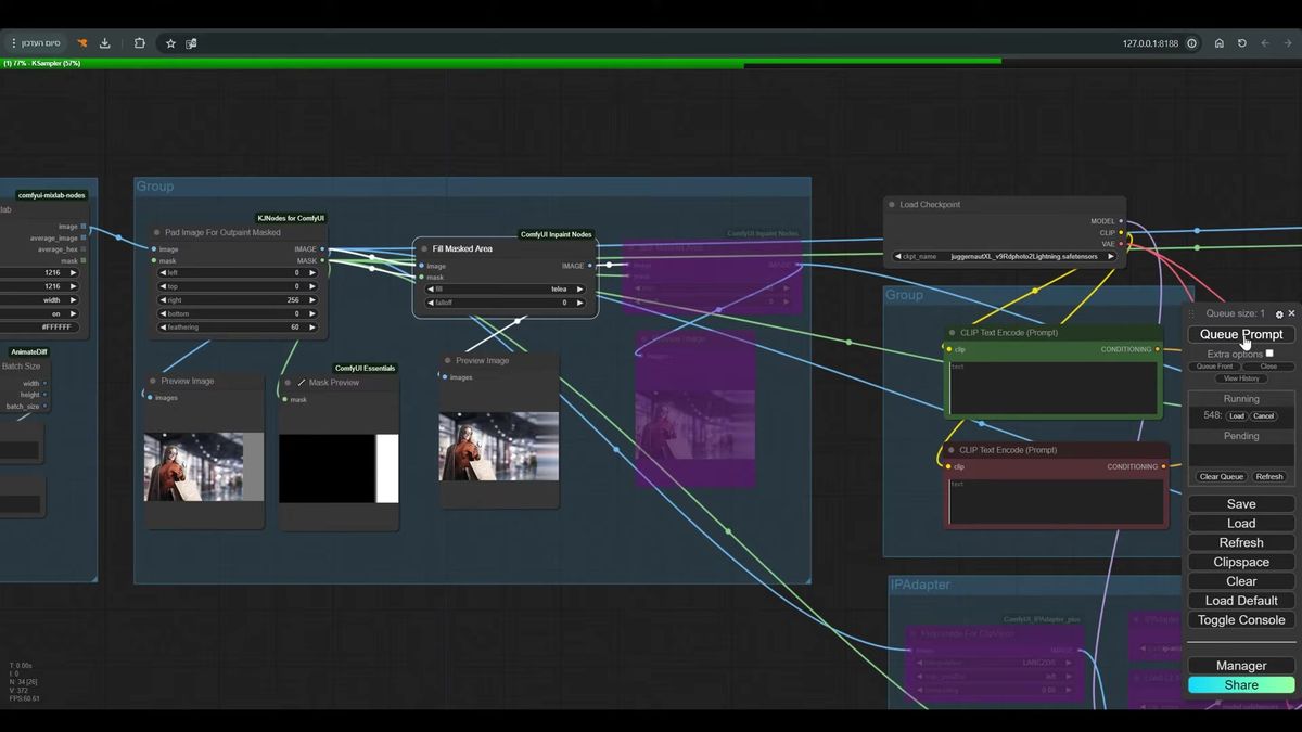 Pad Image For Outpaint Masked node with feathering set to 60 and a Fill Masked Area node, with mask preview and image pr