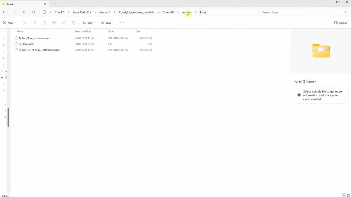 Windows file explorer open to the ComfyUI models loras folder showing Aether_Cloud and Aether_Fire safetensors files nex