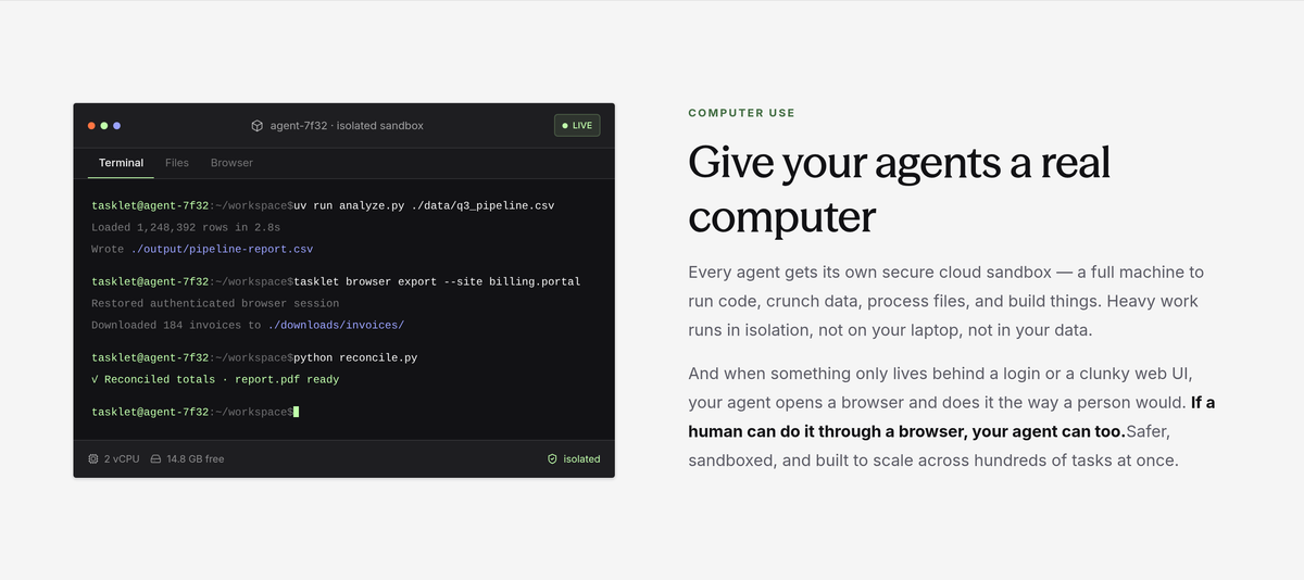 Tasklet isolated agent sandbox running analysis, browser export and reconciliation commands in a live terminal.