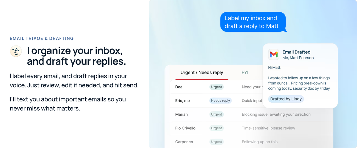 Lindy inbox with urgent and needs-reply labels beside a Gmail response marked Drafted by Lindy.