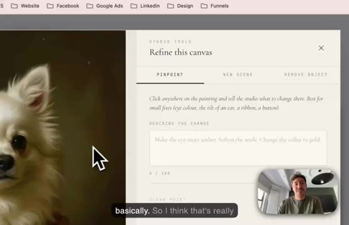 refining an AI pet portrait in the Runflow studio with pinpoint edits and object removal