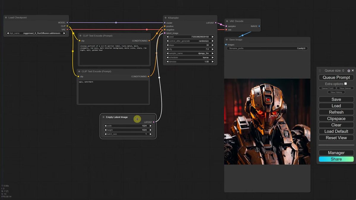 Base SDXL text-to-image workflow in ComfyUI with a Juggernaut X checkpoint, two CLIP Text Encode prompt nodes, an Empty