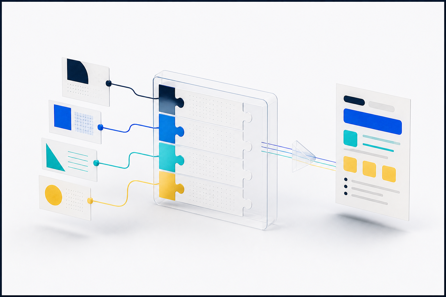 أربع بطاقات تمثل السياق والمهمة والقيود وشكل الإجابة تدخل إطارًا واحدًا وتنتج صفحة منظمة.