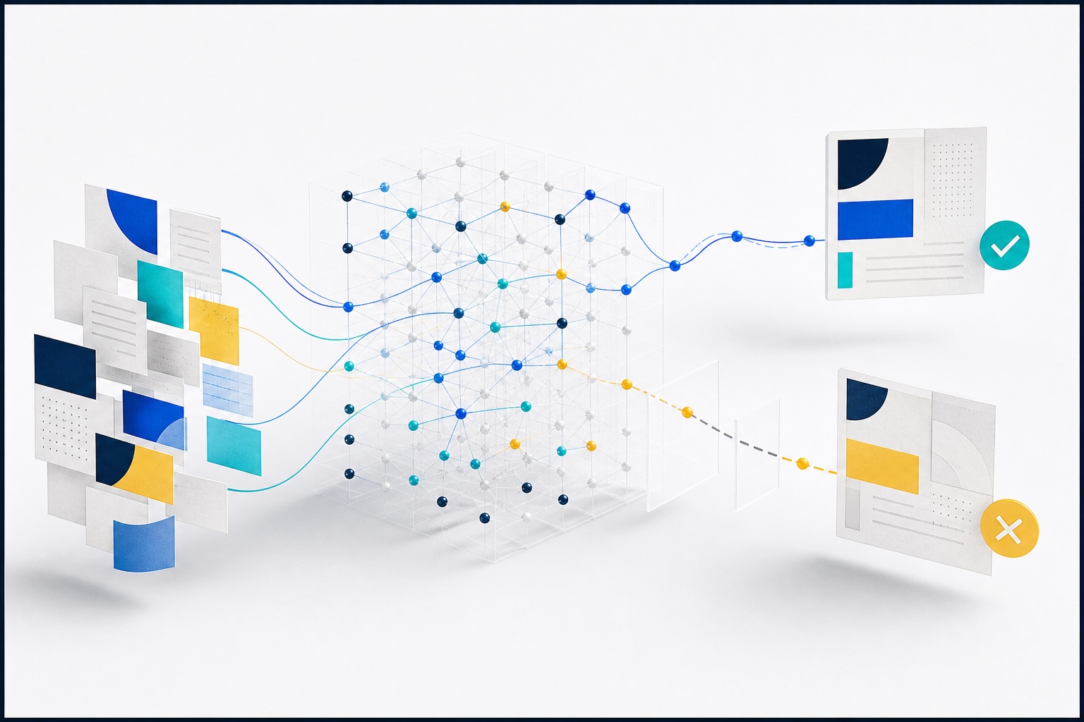مواد مرجعية تدخل شبكة توليد ثم تنقسم إلى إجابة مدعومة وأخرى تبدو مكتملة بلا مسار دليل.