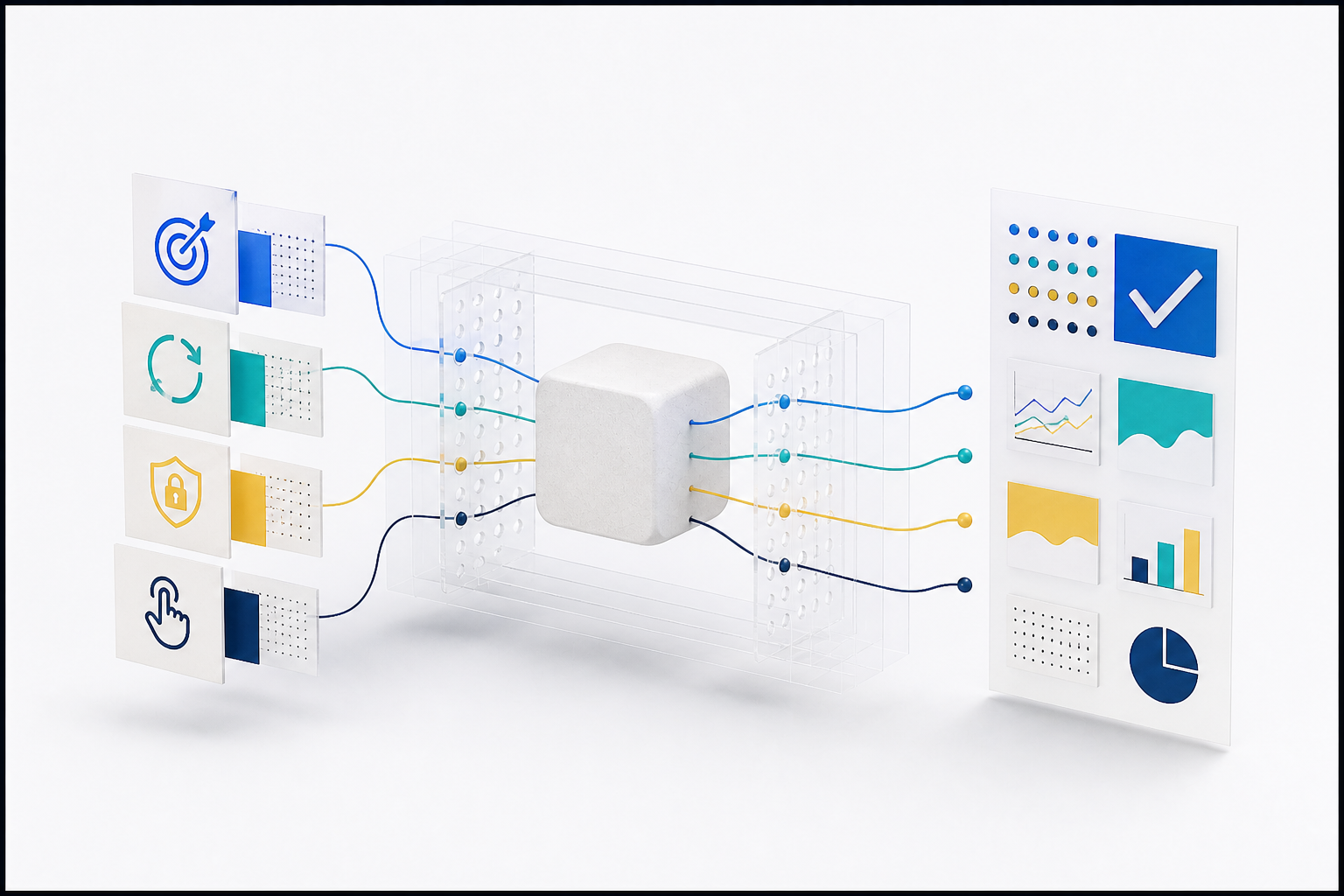 أربع بطاقات معيار للدقة والتكرار والخصوصية وسهولة الاستخدام تدخل منصة اختبار وتخرج في لوحة أدلة.
