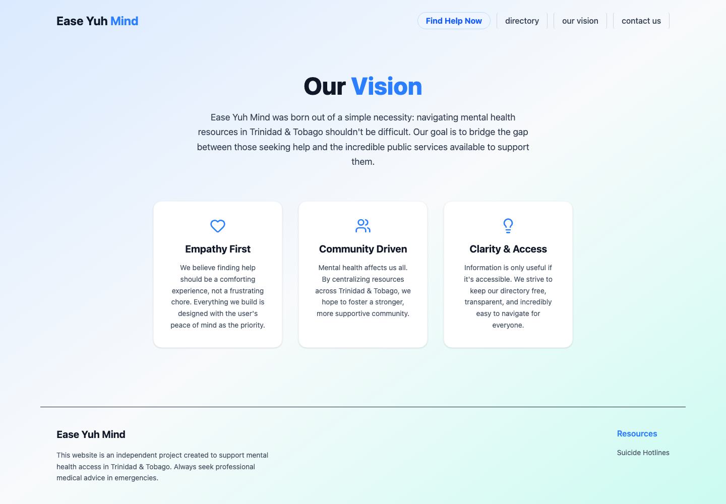 Ease Yuh Mind vision page explaining empathy, community, clarity, and access