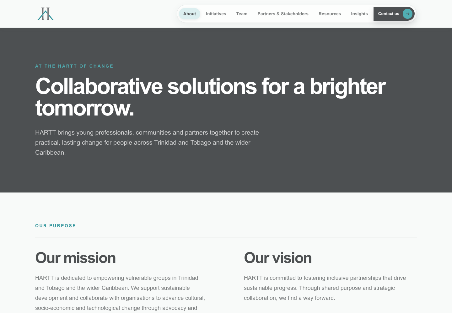 The HARTT about page presenting its purpose, mission, and vision