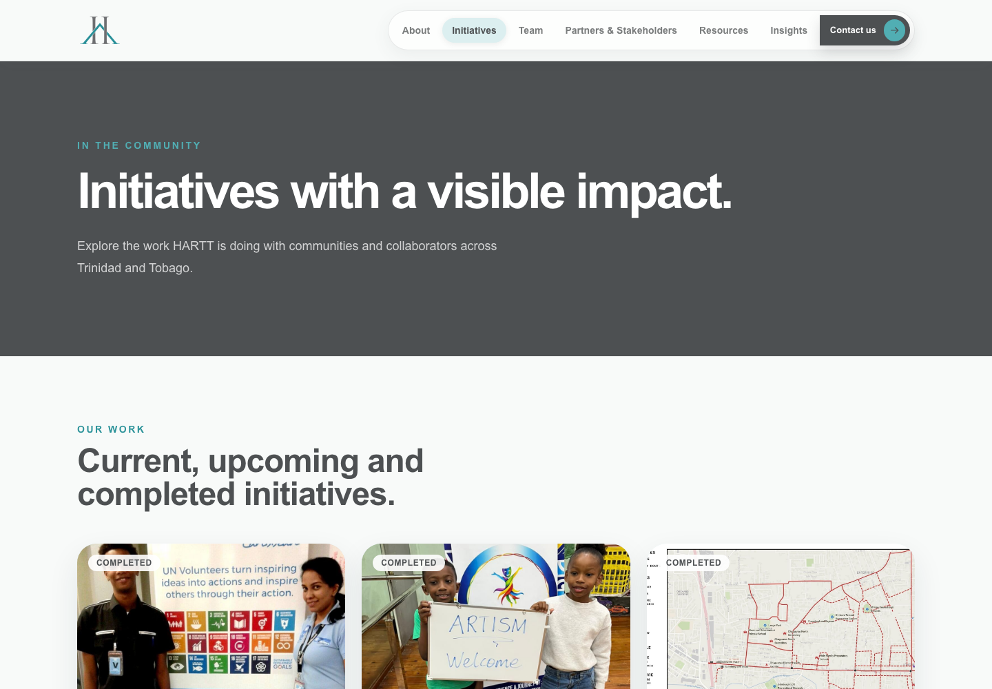 The HARTT initiatives page showing current and completed community programmes