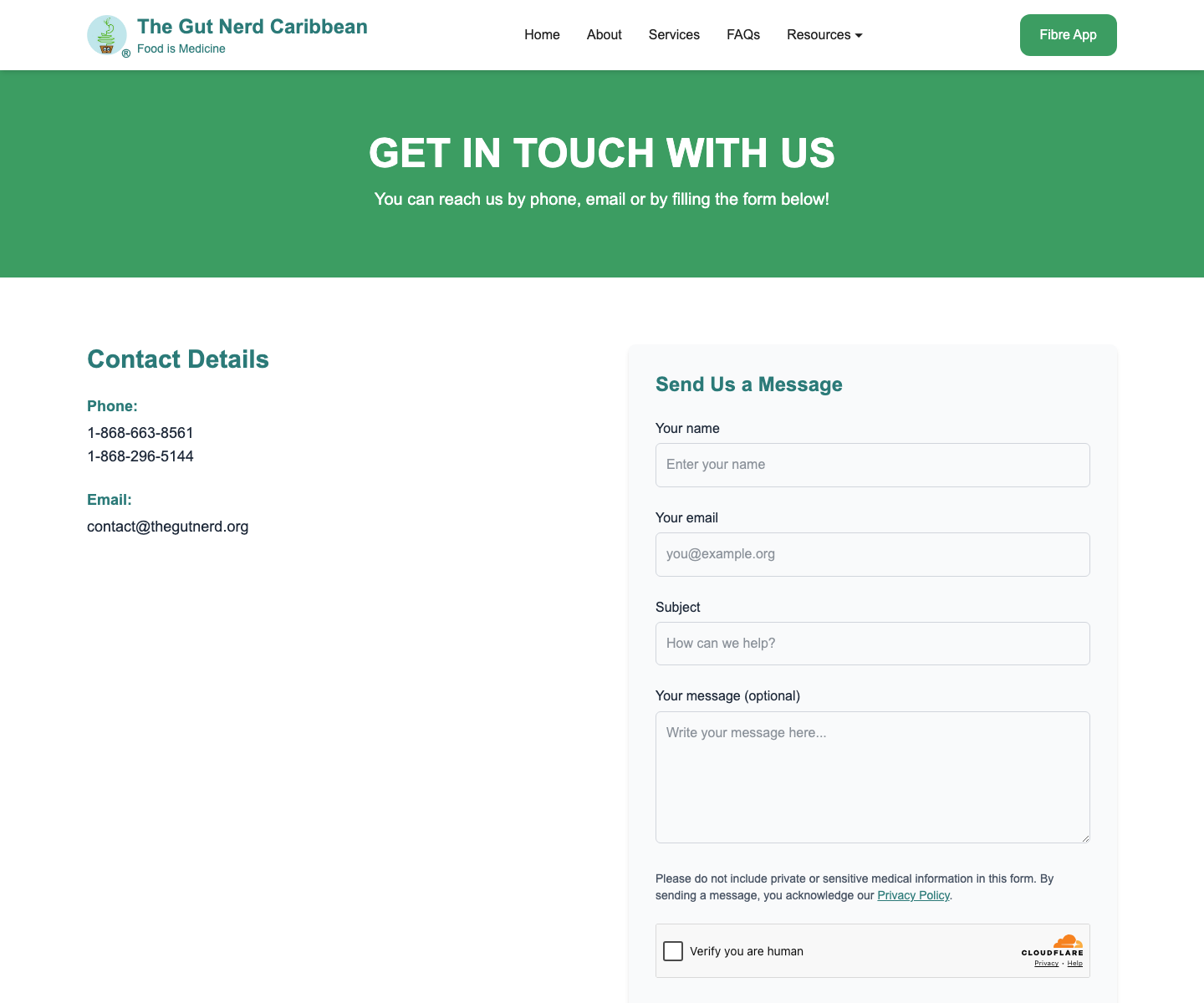 The redesigned Gut Nerd Caribbean contact page