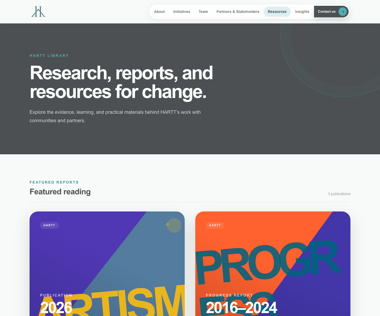 The HARTT resources page presenting research, reports, and practical publications