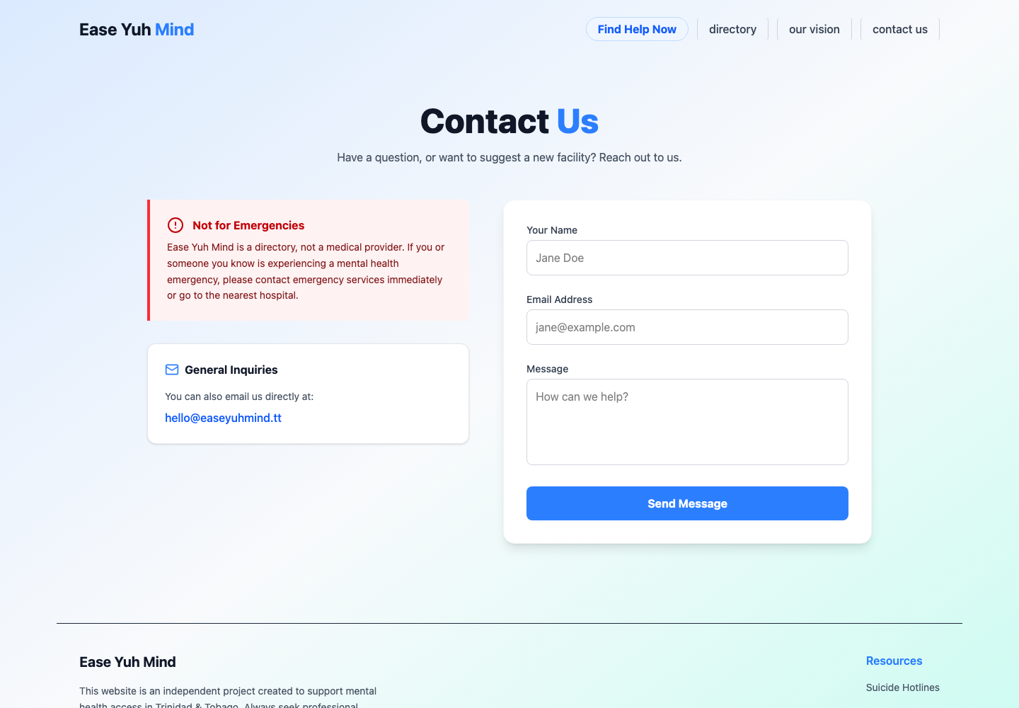 Ease Yuh Mind contact page with emergency guidance and a simple enquiry form