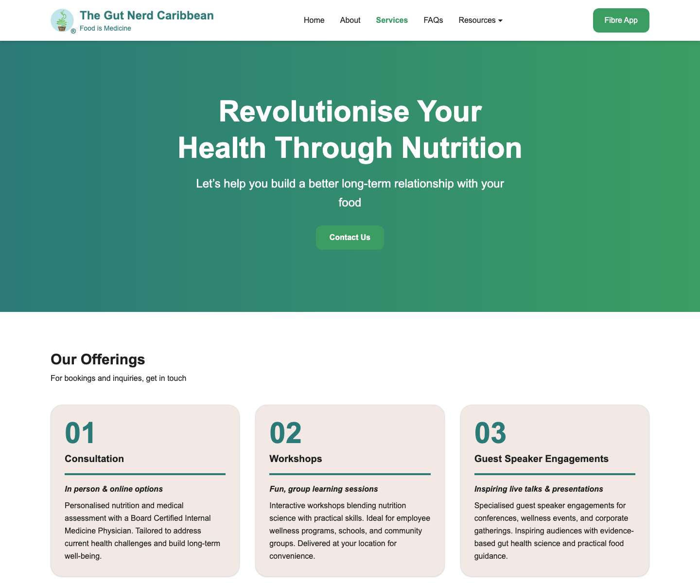 The redesigned Gut Nerd Caribbean services page