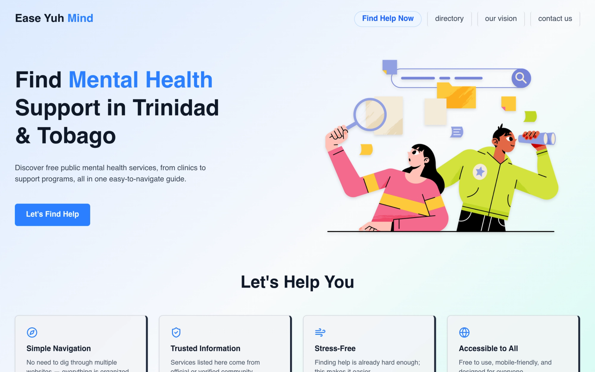 Ease Yuh Mind mental health directory homepage