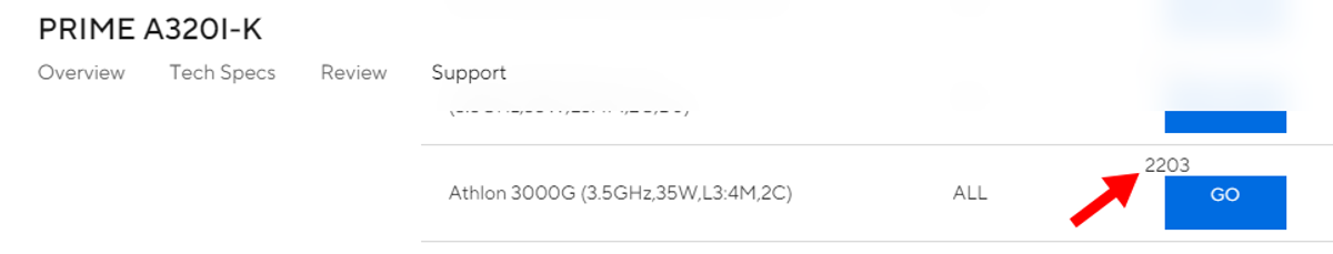 Screenshot of ASUS support page saying ASUS Prime A320I-K supports Athlon 3000G at version 2203