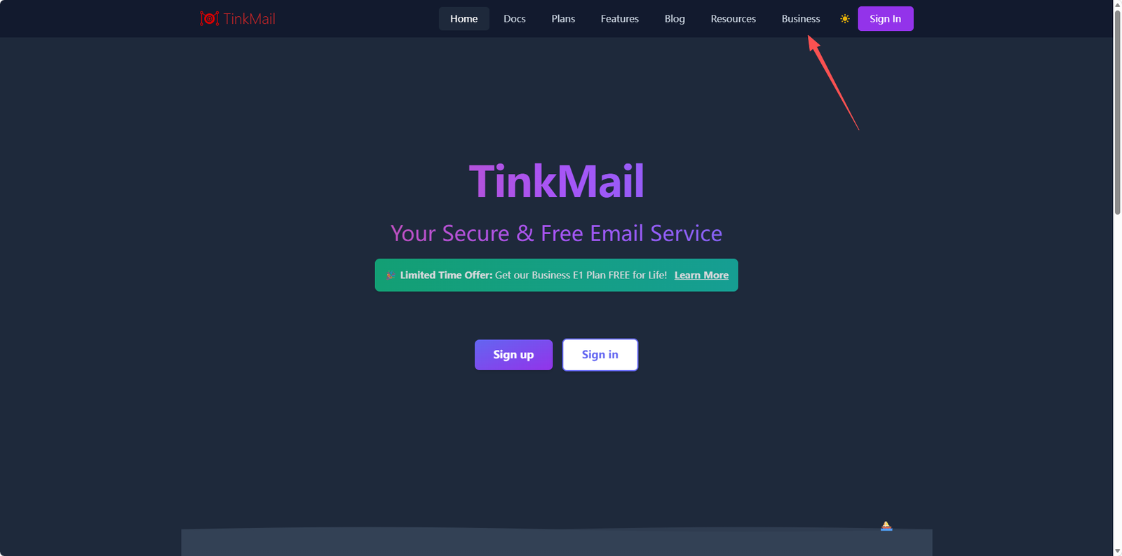 TinkMail 商业版定价页面，Business E1 套餐标注为免费