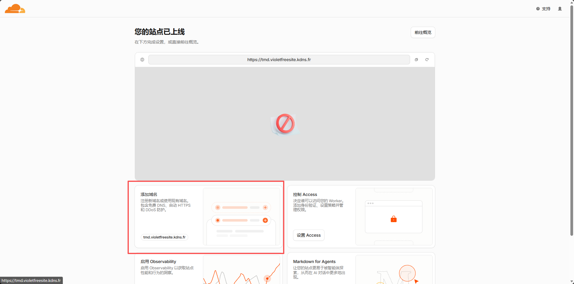 Cloudflare Drop 网站管理页，域名已成功添加