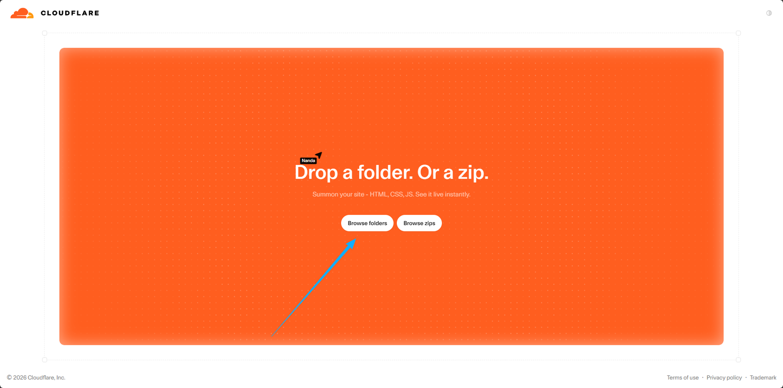 Cloudflare Drop 页面，蓝色箭头指向"Browse folders"按钮