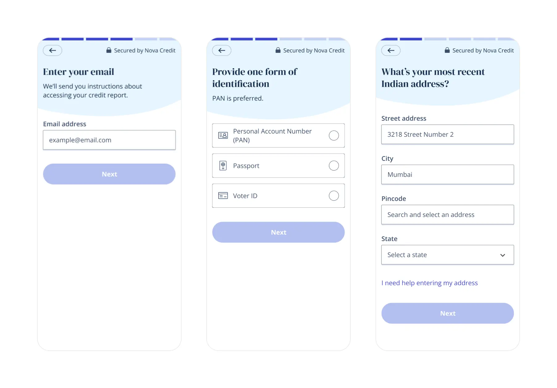 A series of mobile form screens prompting users to input their first name, last name, etc. The form fits approximately one full screen in length, suggesting a short and manageable step. 