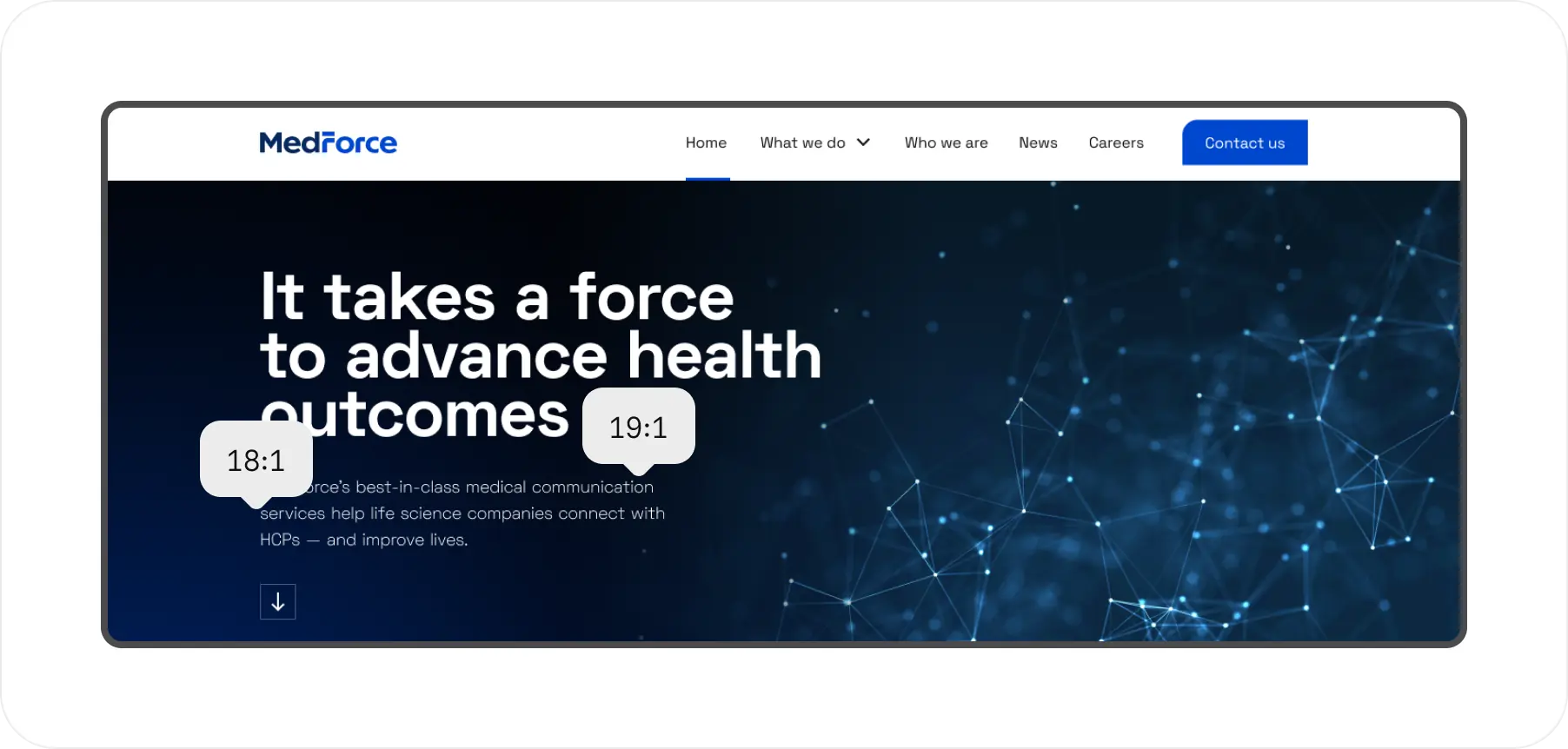 Homepage hero for Medforce.net with a gradient background underneath text, with indicators showing a contrast ratio of 18:1 on the lighter part of the background, and 19:1 on the darker part