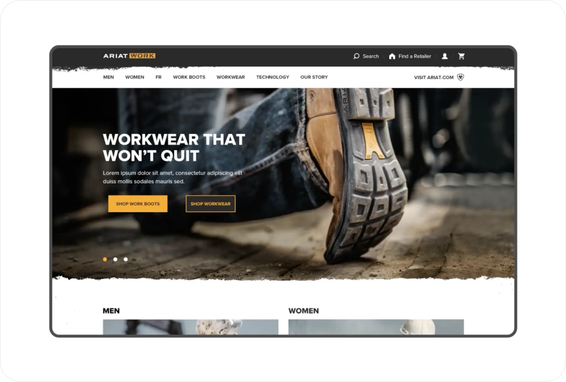 Homepage banner from Ariat Work featuring a close-up of a rugged work boot stepping. A white headline text has a dark gradient overlay applied to the background image, darkest on the left to ensure strong contrast and legibility of the white text.