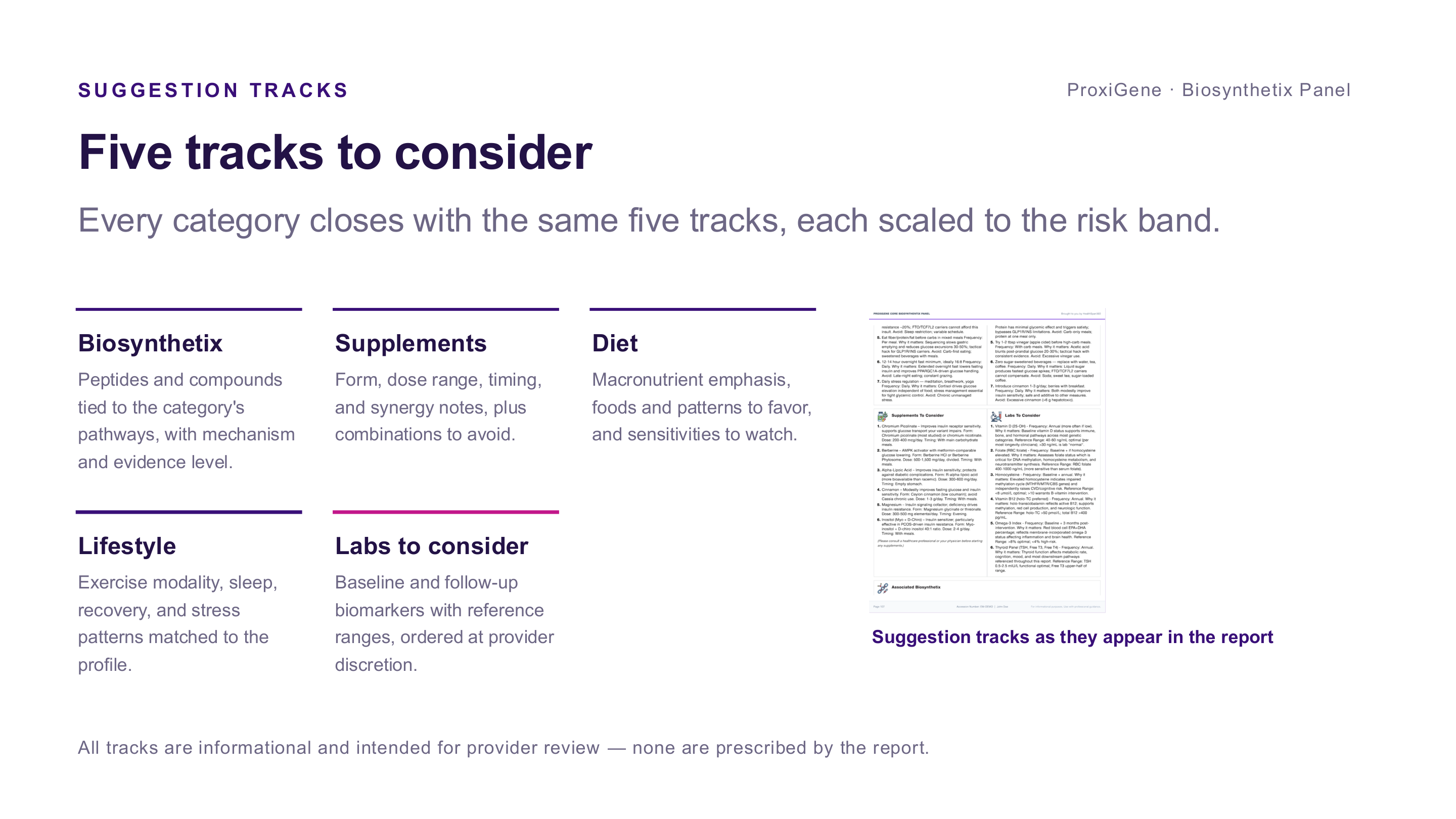 Report page showing lifestyle, diet, supplements-to-consider and labs-to-consider tracks for a metabolic category
