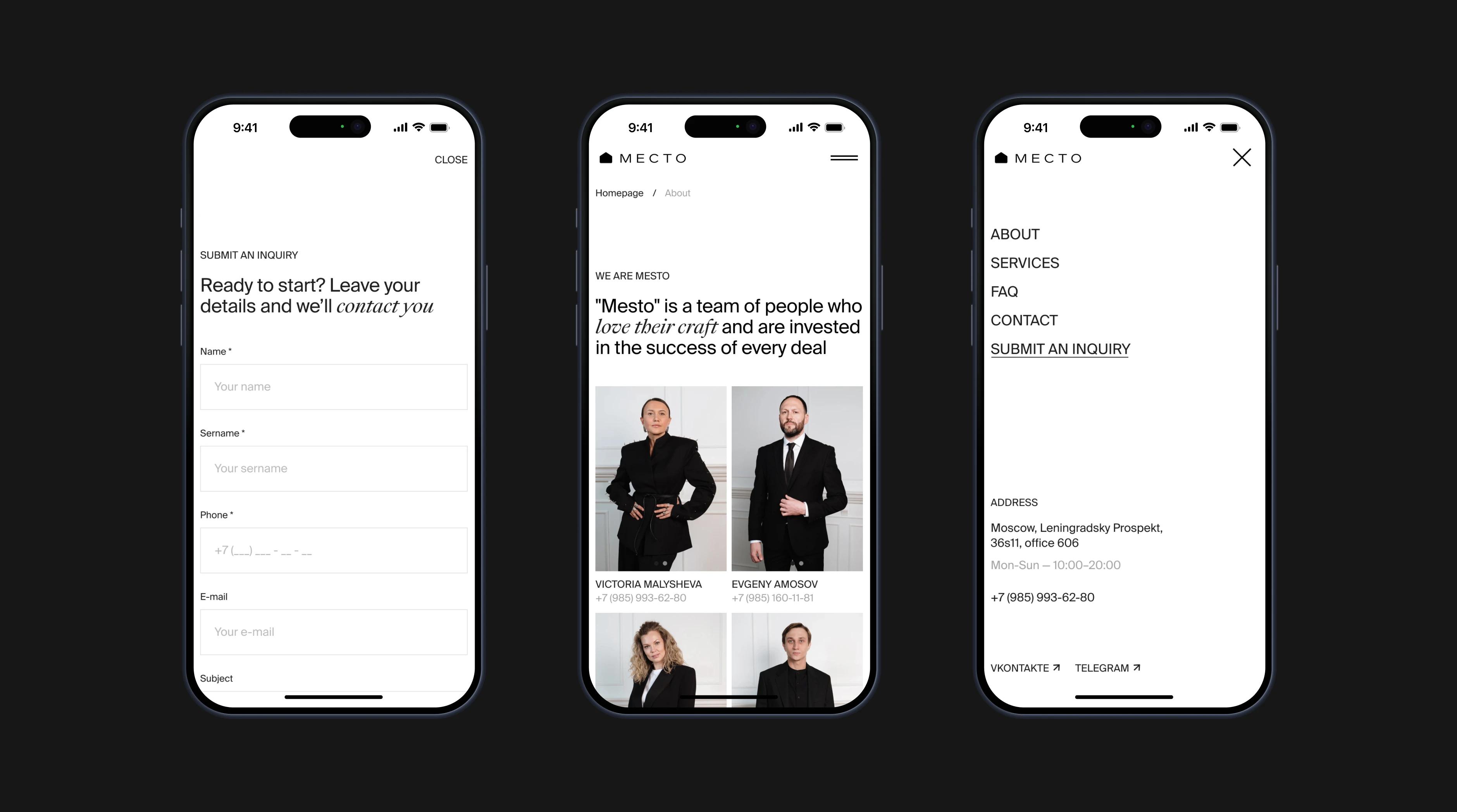 Three Mesto mobile screens showing inquiry form, team and navigation