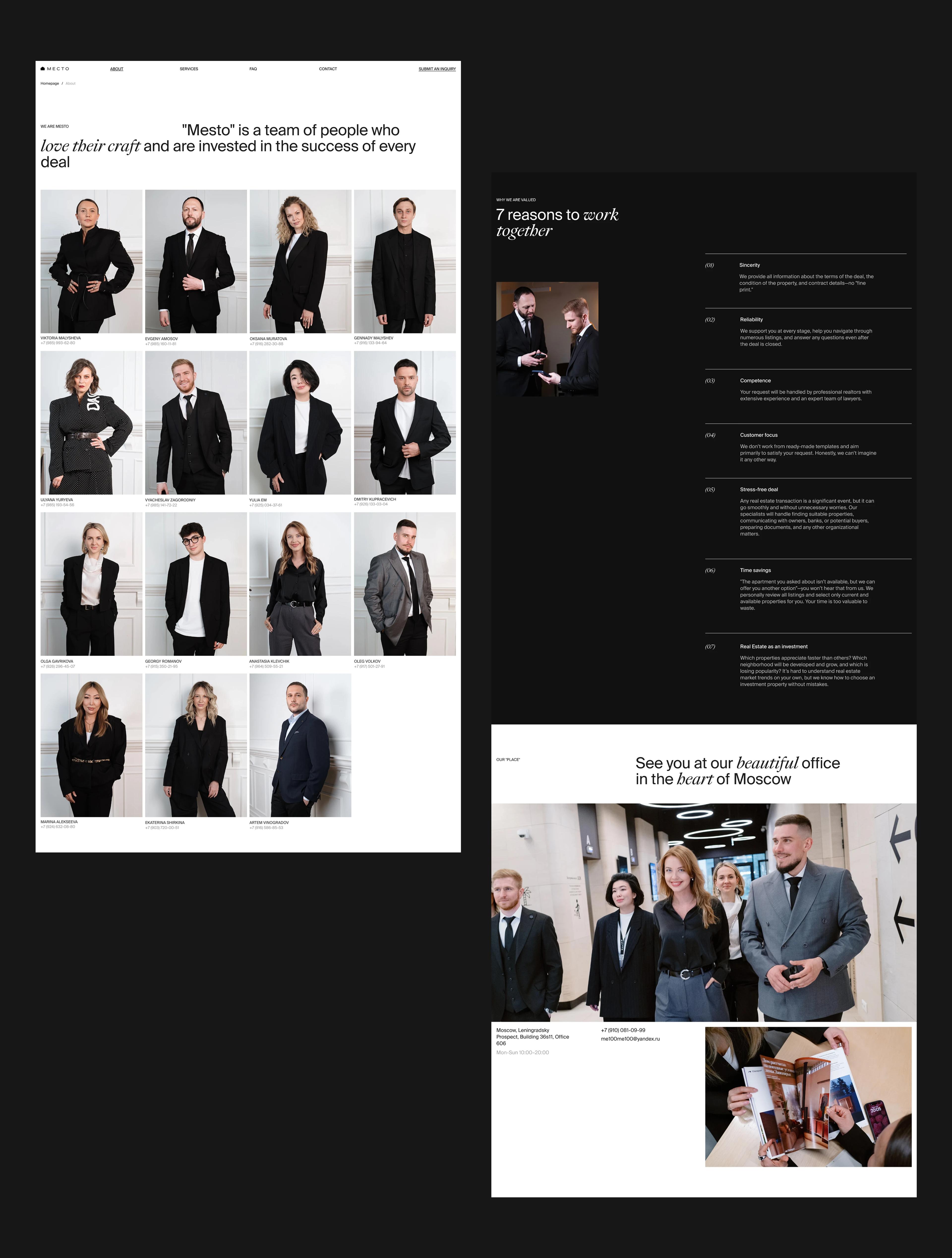 Mesto team portraits, agency values and office presentation pages