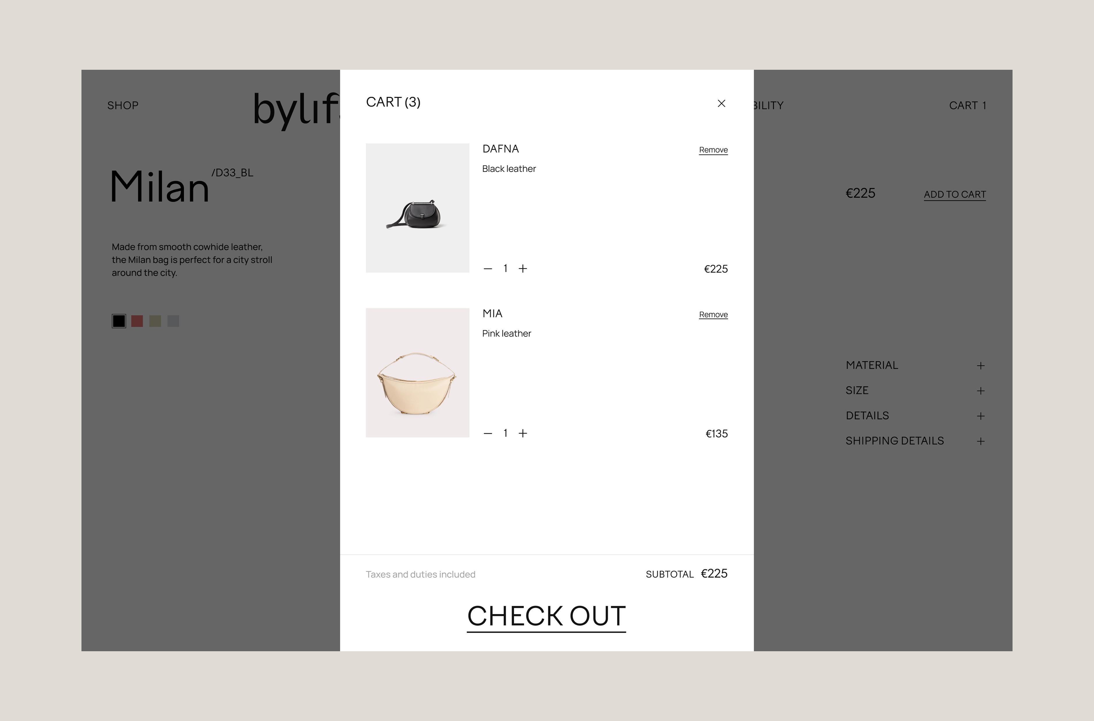 Bylifs desktop shopping cart over a darkened product page