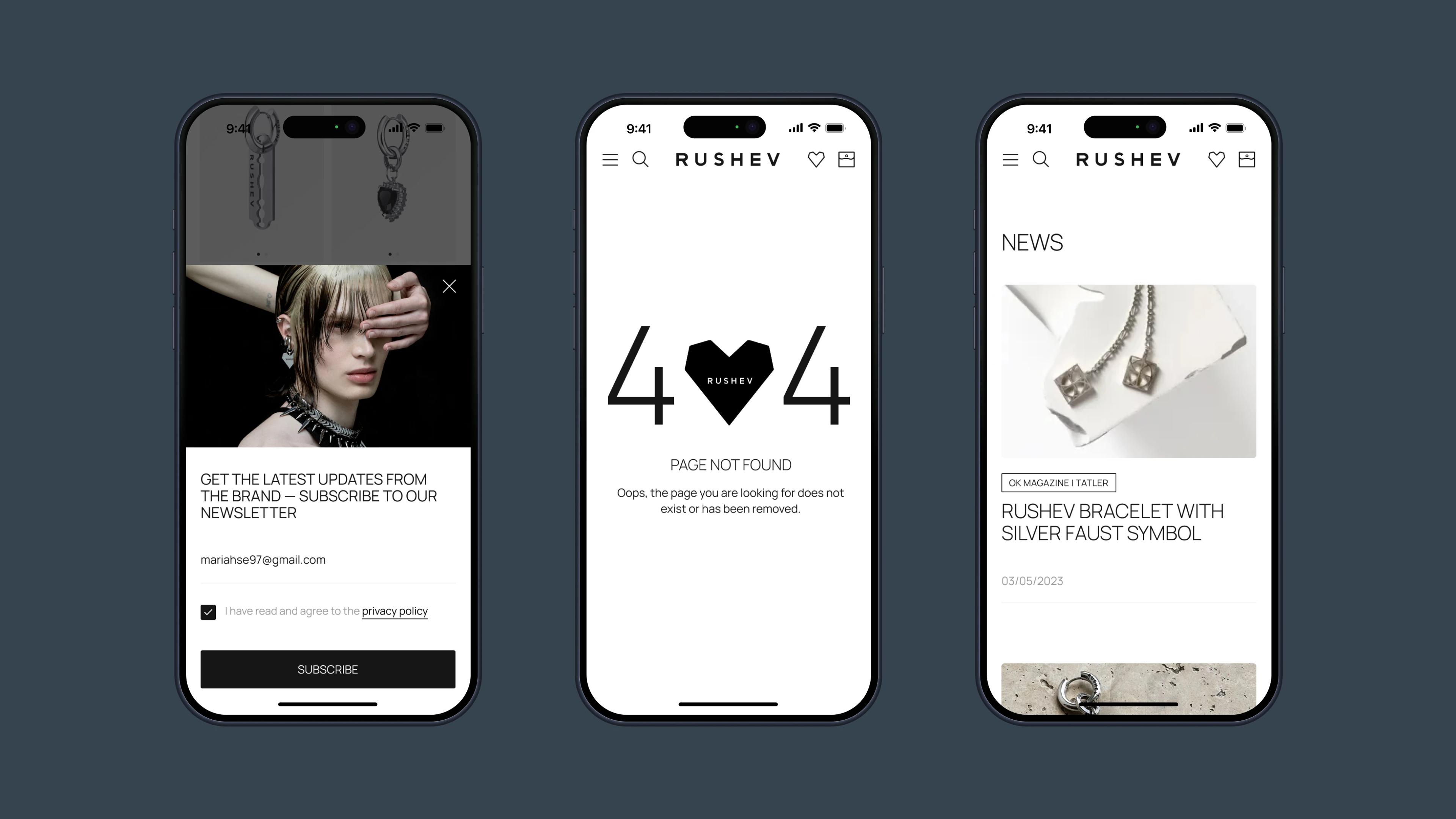 Three Rushev mobile screens showing newsletter, 404 page and news